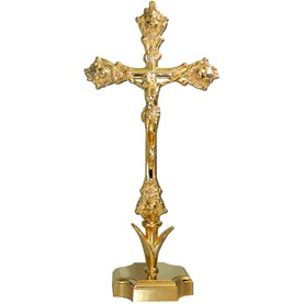 Crucifijo dorado para mesa con base