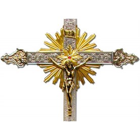 Cruz parroquial de metal cincelado con varal - 1