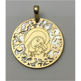 Medalla Virgen del Camino en plata de ley cubierta de oro de 18kt y nácar.  Tamaño: 35mm