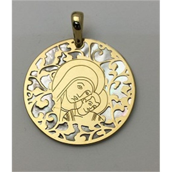Medalla  Virgen del Camino en plata de ley 925ml chapada en oro de 24 Kt y nácar.